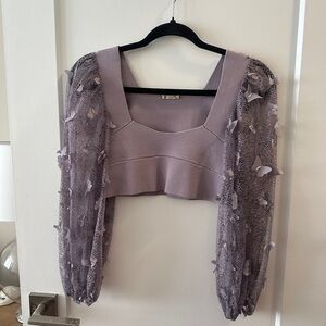 Free People Purple Long Sleeve Embellished Crop Top